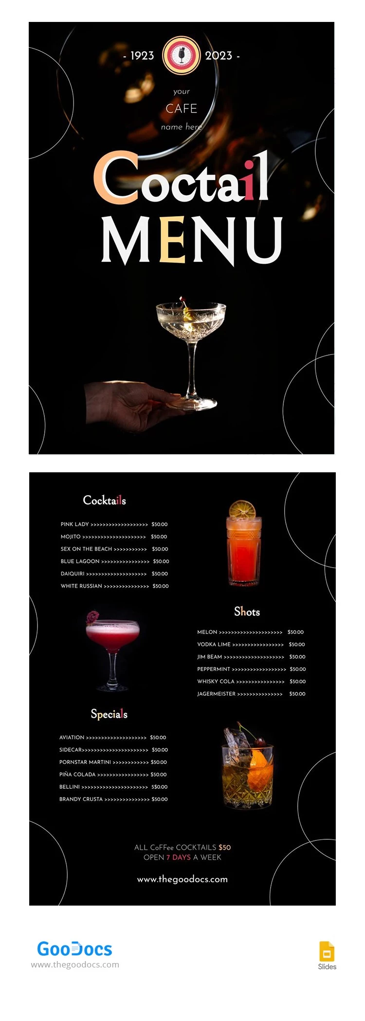 Schwarze Cocktail-Restaurant-Speisekarte - free Google Docs Template - 10065912