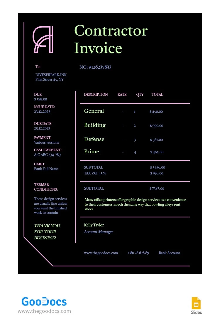 Black Contractor Invoice - free Google Docs Template - 10064759