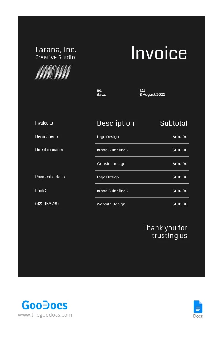 Black Creative Invoice - free Google Docs Template - 10062585