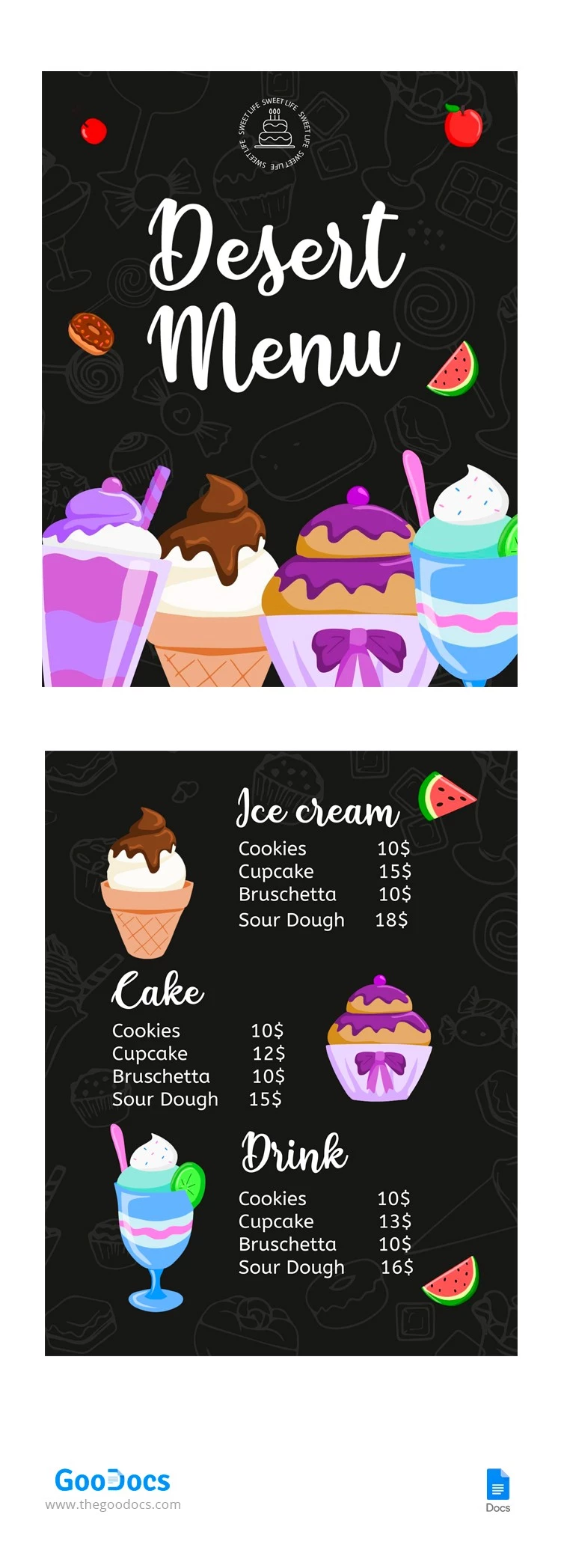 Menu di cibi di colore nero per il dessert - free Google Docs Template - 10066015