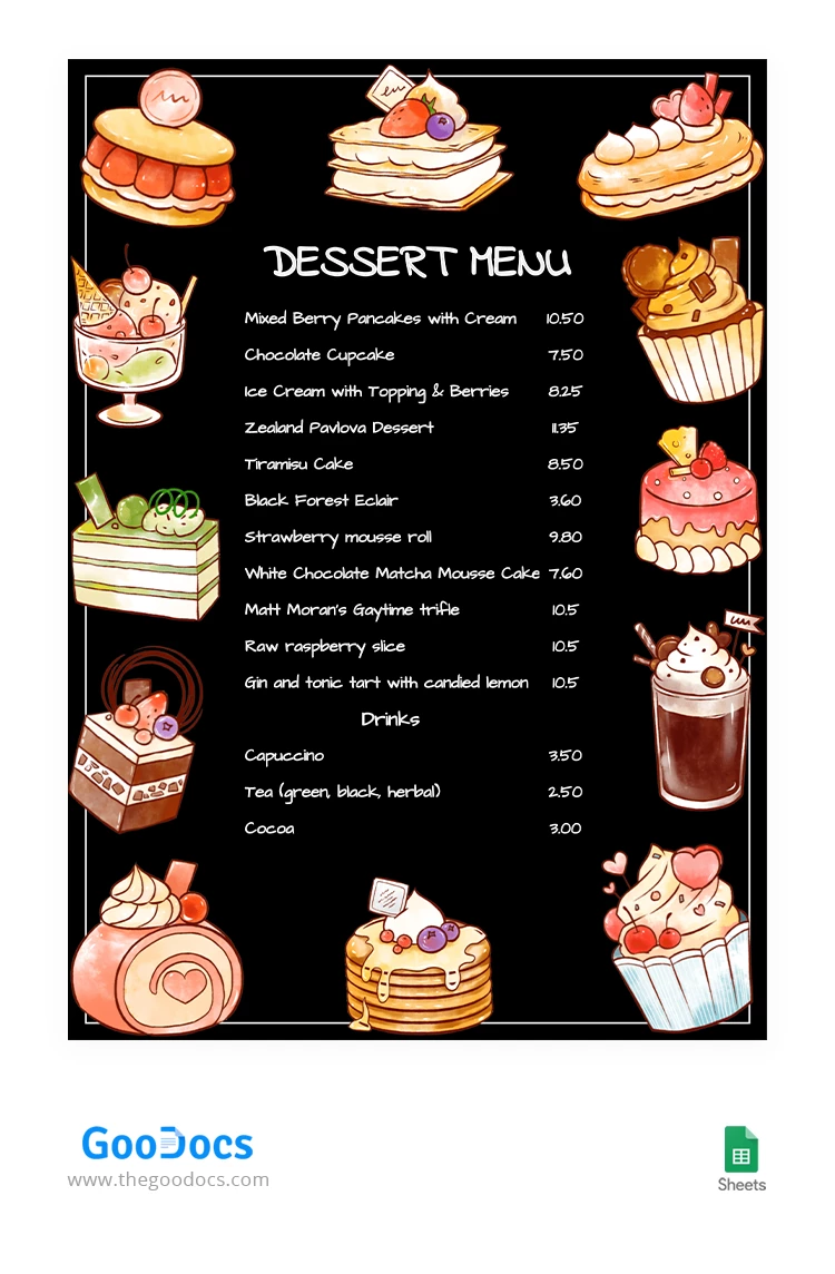 Black Dessert Menu - free Google Docs Template - 10064110