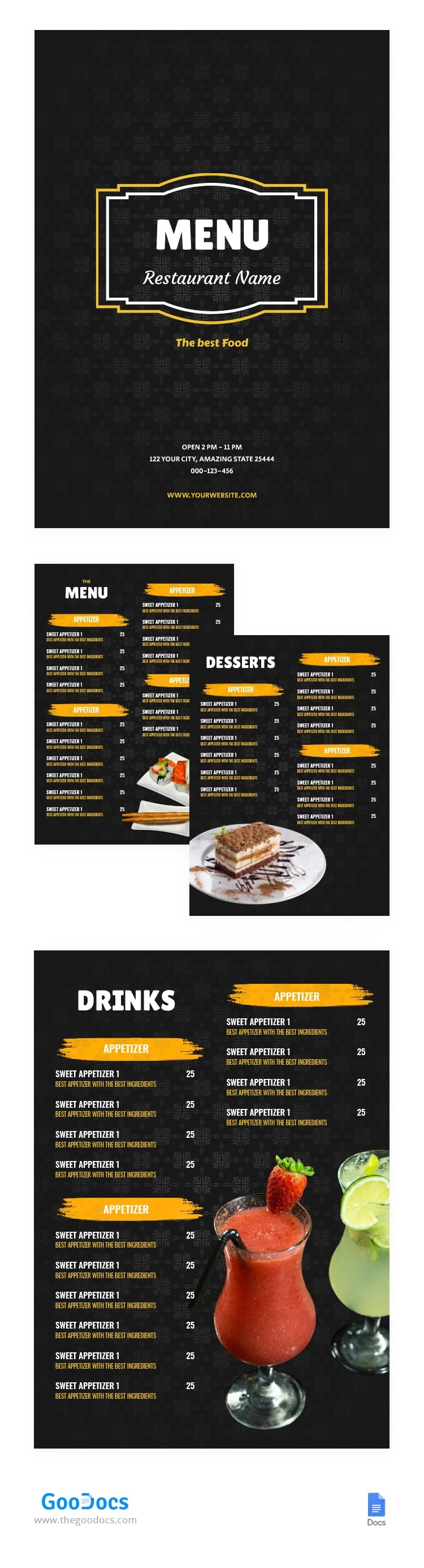 Menú de restaurante elegante en negro - free Google Docs Template - 10062313
