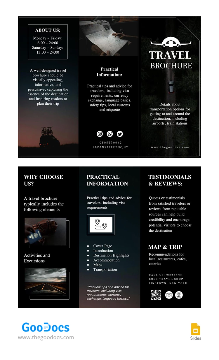 Brochure di viaggio pieghevole nero a tre ante - free Google Docs Template - 10068322