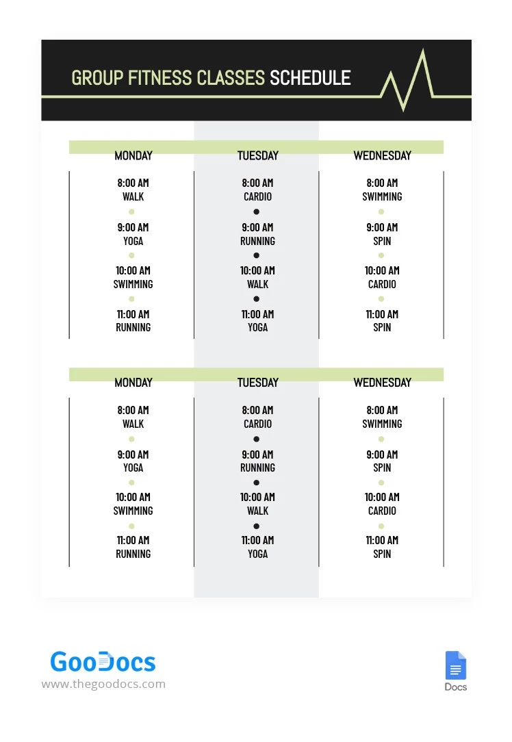 Black-Green Fitness Classes Schedule - free Google Docs Template - 10065206