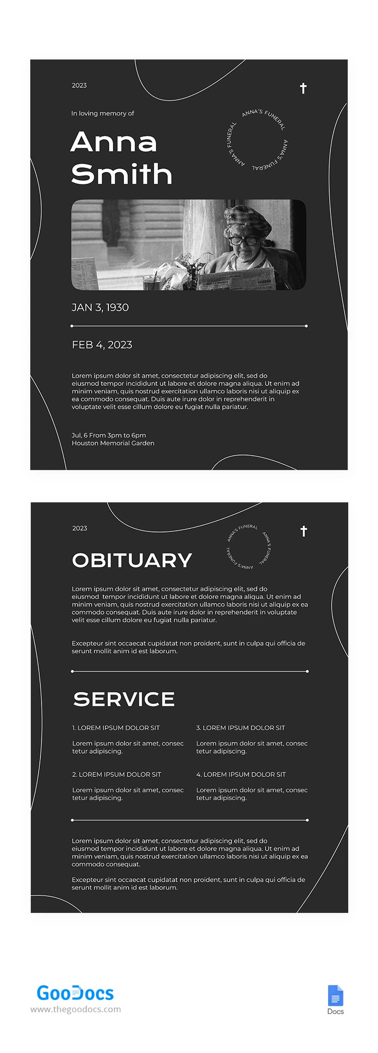 Programa de funeral moderno en negro - free Google Docs Template - 10065534