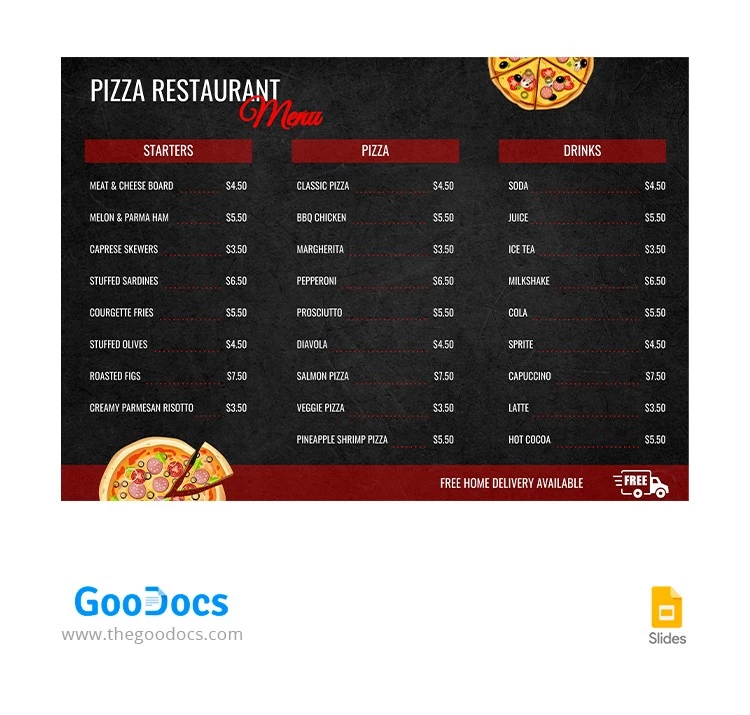 Menu do Restaurante de Pizza Preta - free Google Docs Template - 10065216
