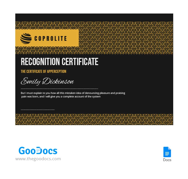 Certificat de reconnaissance noir - free Google Docs Template - 10065563