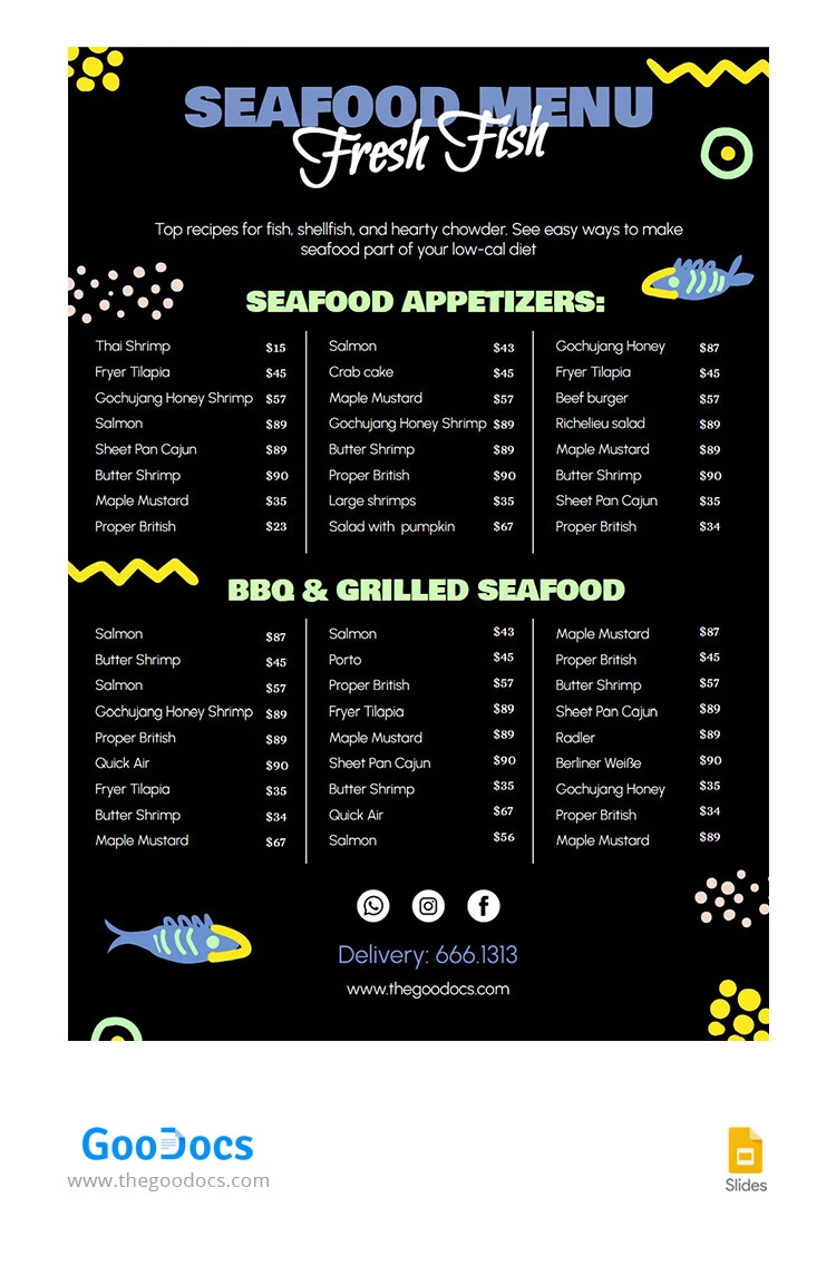 Menú del restaurante de mariscos negro. - free Google Docs Template - 10065626