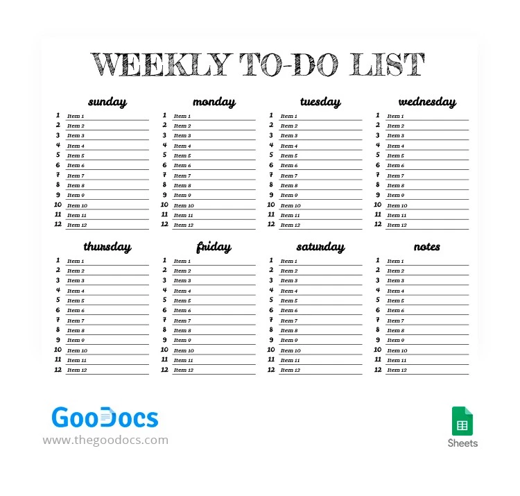 Lista de tarefas semanal em Preto / Branco - free Google Docs Template - 10062127