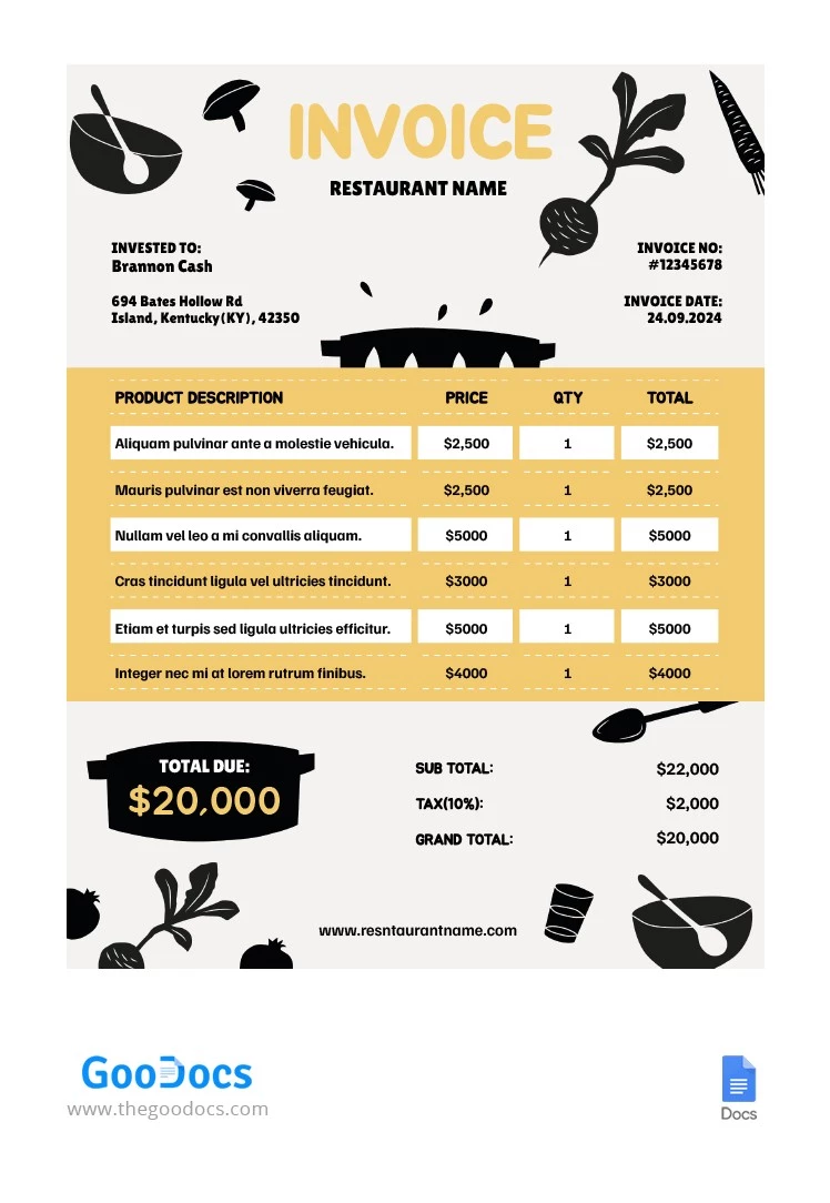 Black & Yellow Restaurant Invoice - free Google Docs Template - 10065241