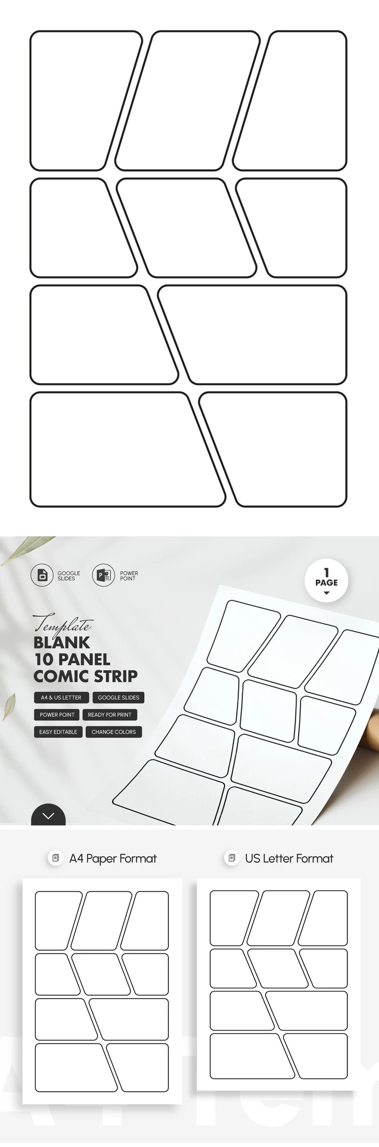 Preview of Blank 10 Panel Comic Strip Template for Google Slides and Microsoft PowerPoint