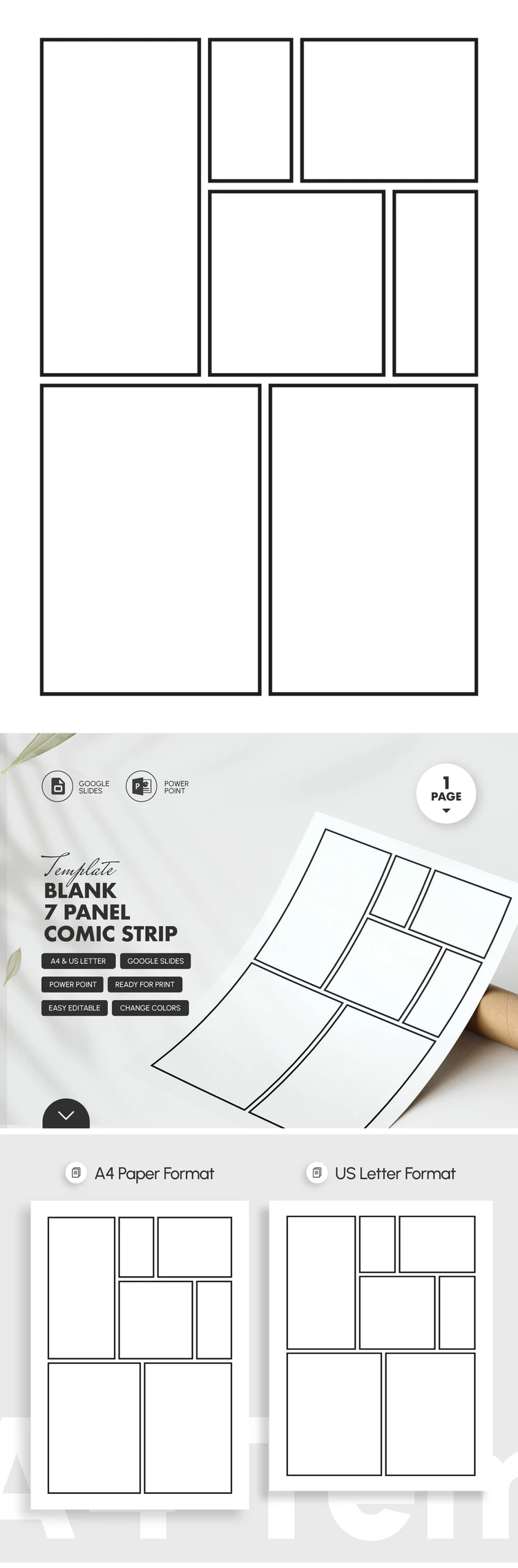 Preview of Blank 7 Panel Comic Strip Template for Google Slides and Microsoft PowerPoint