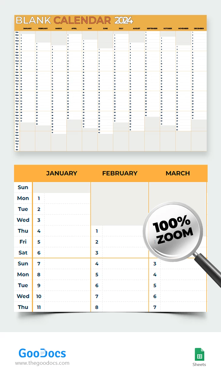 Calendário em branco de 2024 - free Google Docs Template - 10068453