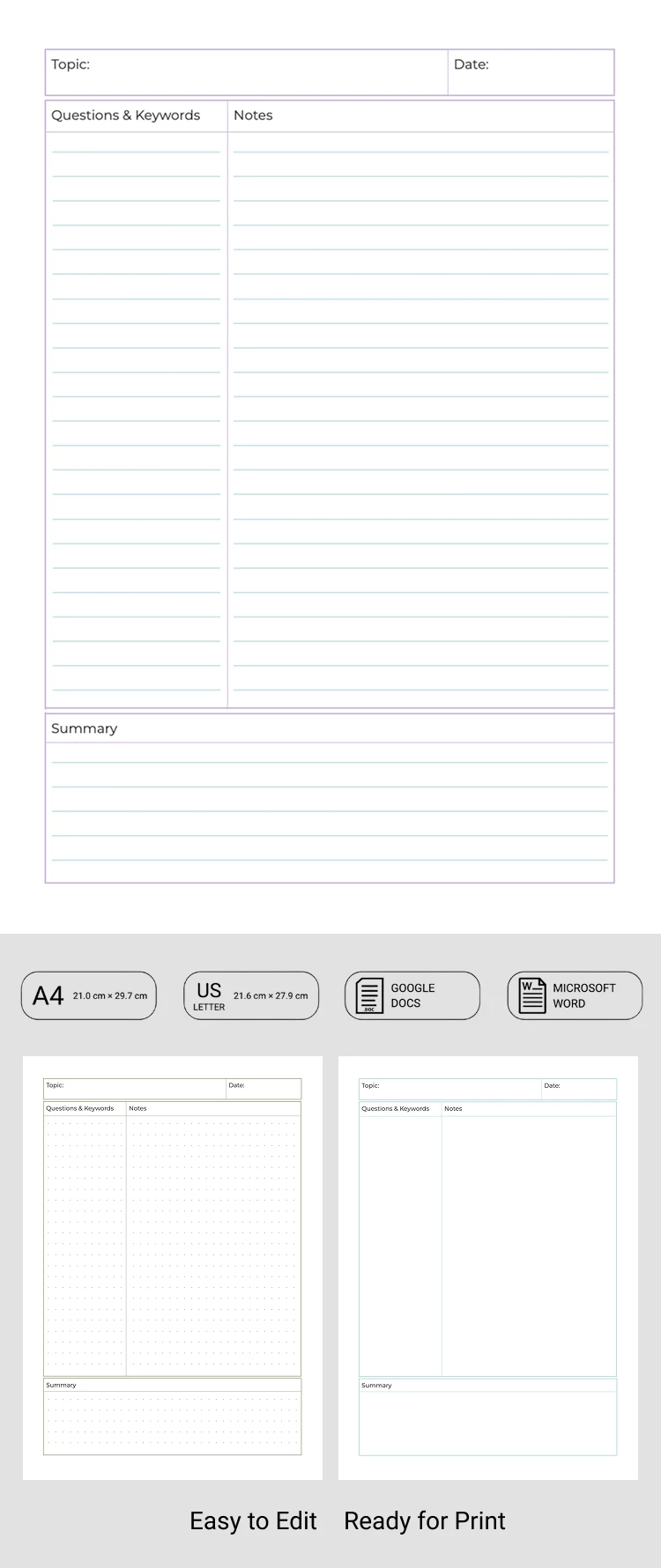 Preview of Blank Cornell Notes Template for Google Docs and Microsoft Word