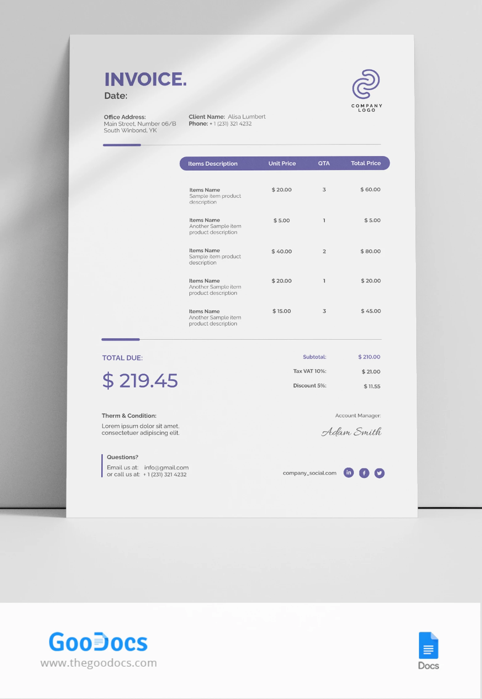 Fatura em branco - free Google Docs Template - 10067712