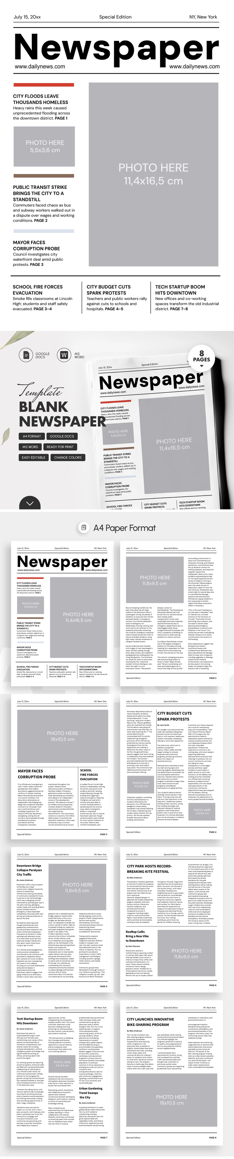 Blank Newspaper Template Editable & Printable Layout 8 Pages - free Google Docs Template - 10071730