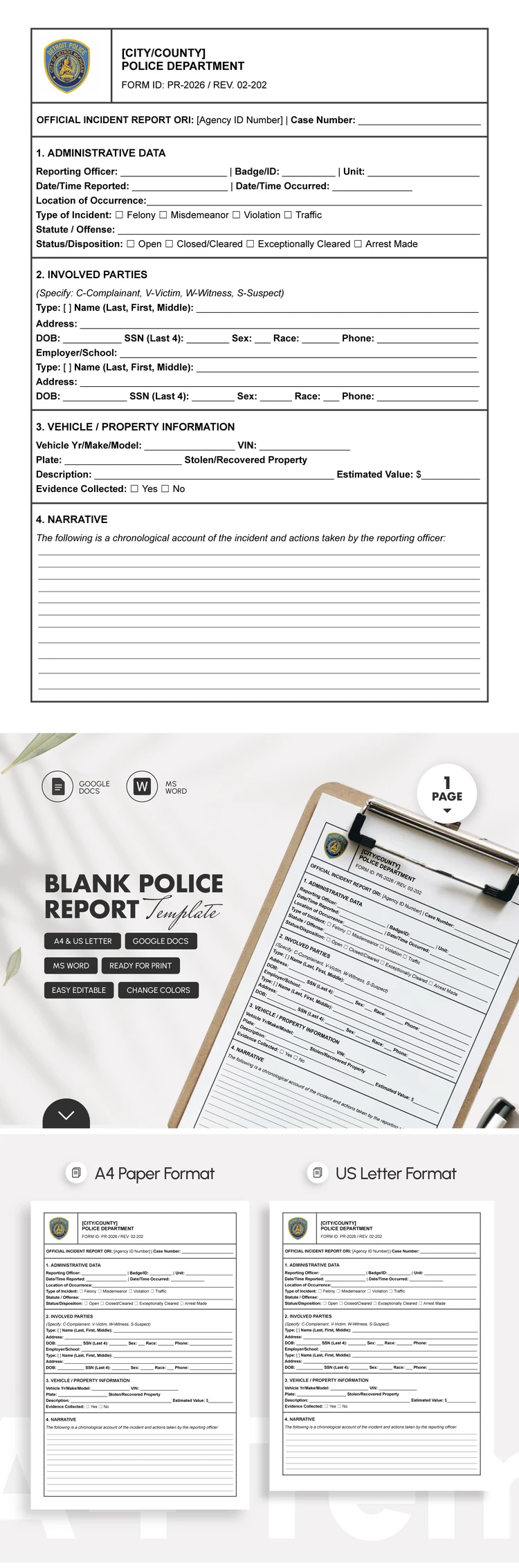 Preview of Blank Police Report Template for Google Docs and Microsoft Word