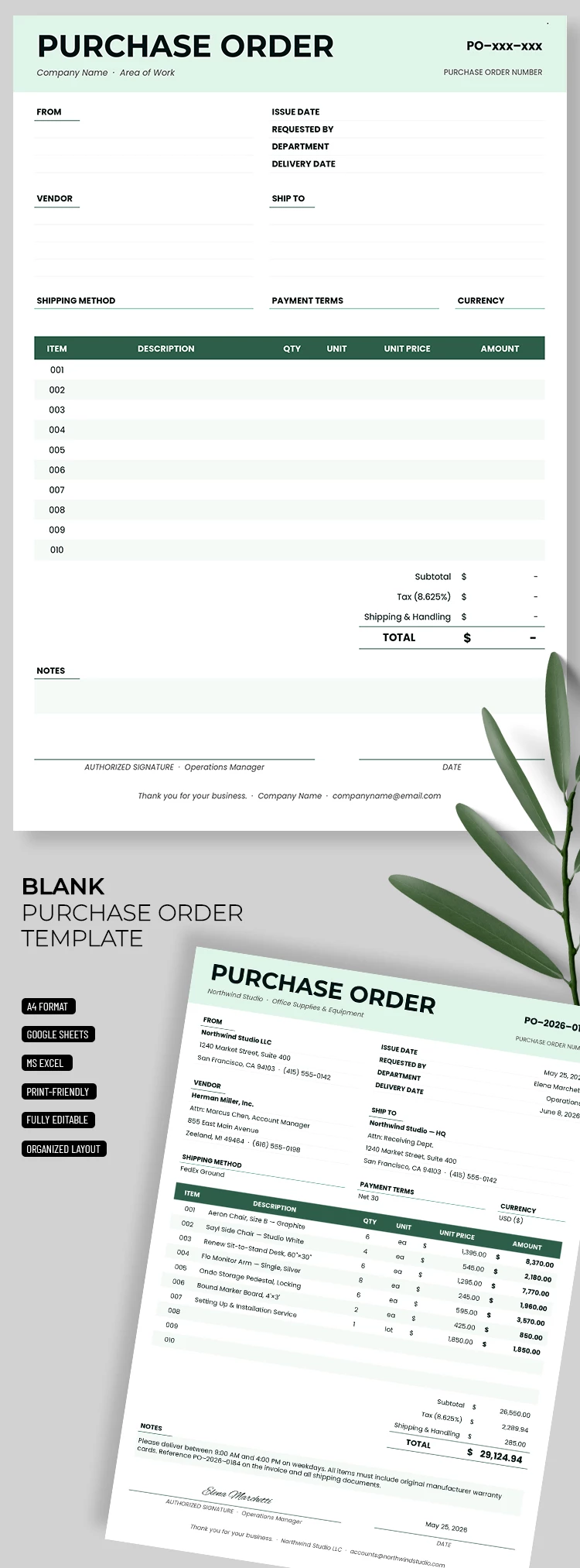 Preview of Blank Purchase Order Template for Google Sheets and Microsoft Excel