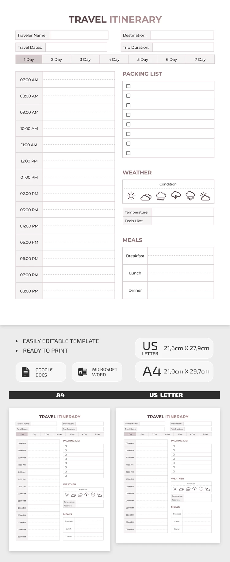 Preview of Blank Travel Itinerary Template for Google Docs and Microsoft Word