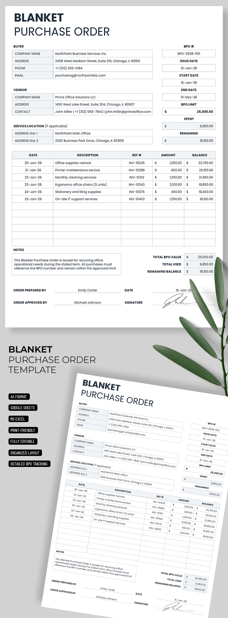 Preview of Blanket Purchase Order | BPO Template for Google Sheets and Microsoft Excel