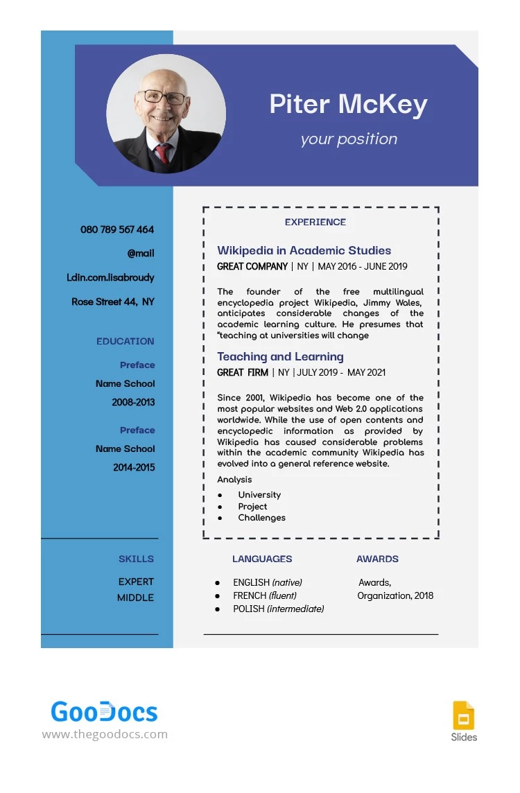 CV académique bleu - free Google Docs Template - 10064286