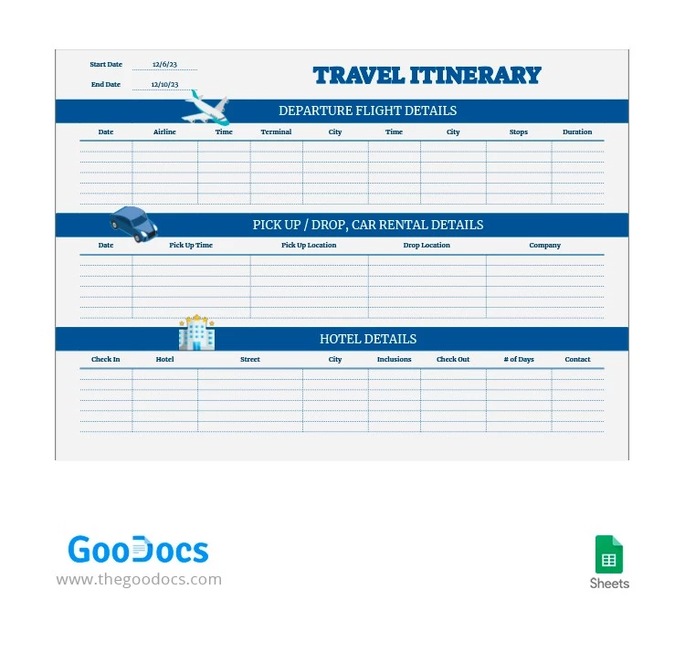 Itinerario di viaggio blu e grigio - free Google Docs Template - 10064045