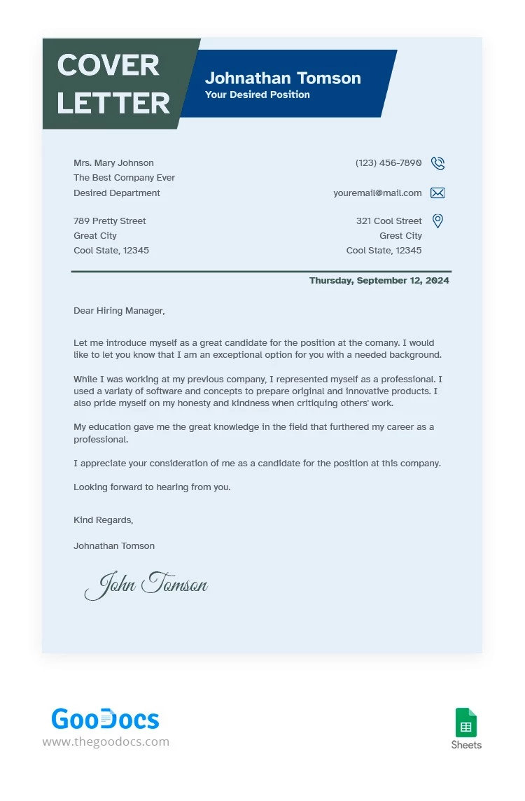 Blue and Green Cover Letter - free Google Docs Template - 10064262