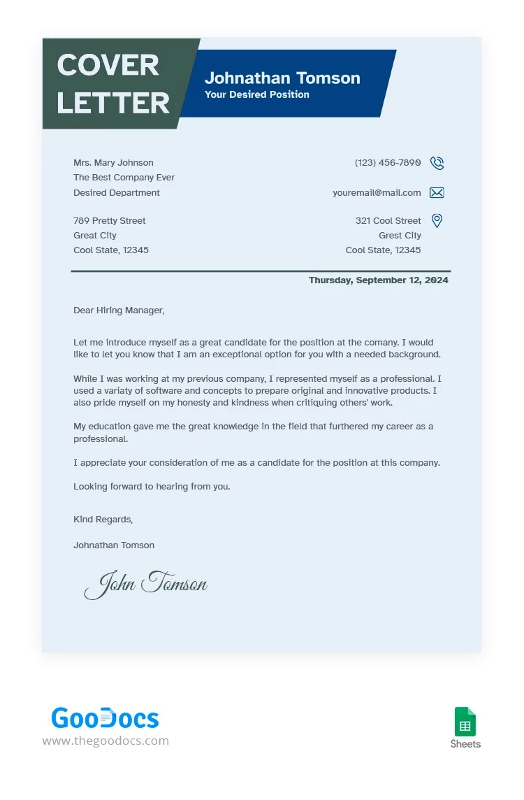 Lettre de motivation en bleu et vert - free Google Docs Template - 10064262