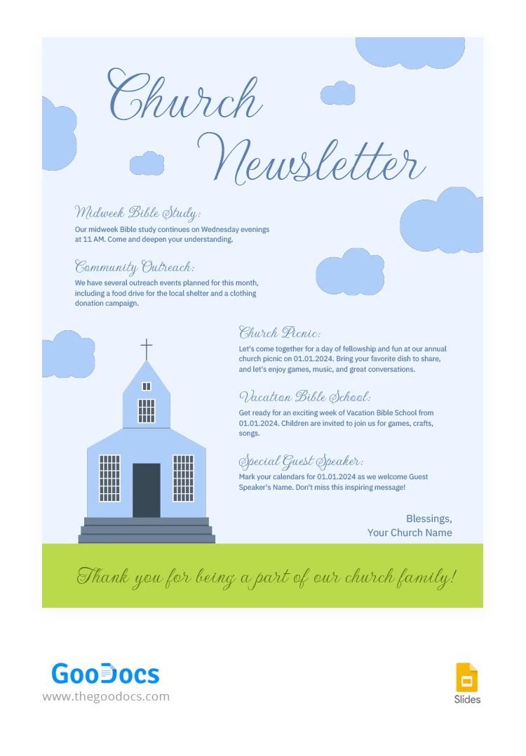 Blue And Green Simple Church Newsletter - free Google Docs Template - 10066457