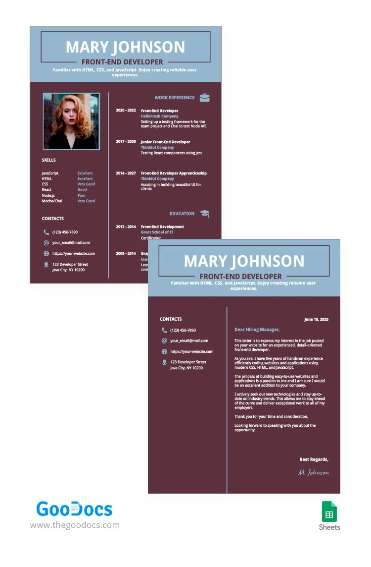 Plantilla de CV Azul y Magenta - free Google Docs Template - 10063735