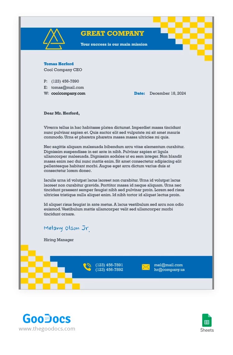 Blue and Yellow Letterhead Template - free Google Docs Template - 10064197