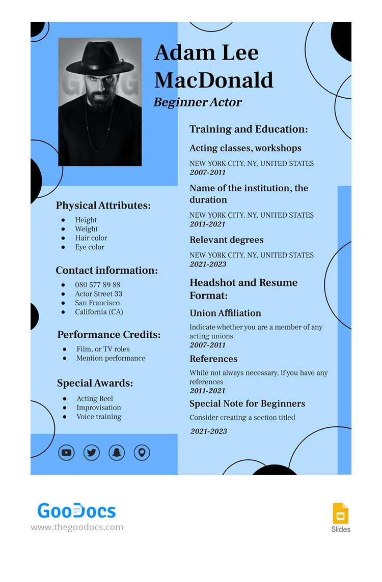 Blue Audition Beginner Actor Resume - free Google Docs Template - 10067860