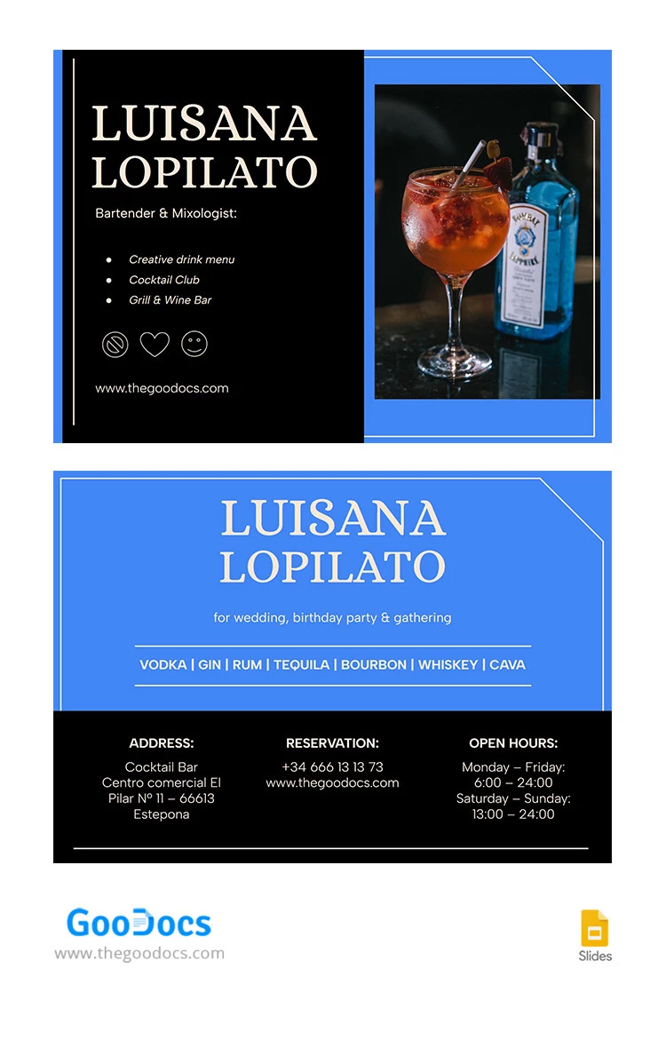 Blue Bartender Business Card - free Google Docs Template - 10066323