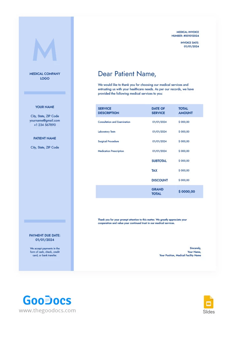 Fatura Médica Básica Azul - free Google Docs Template - 10066320