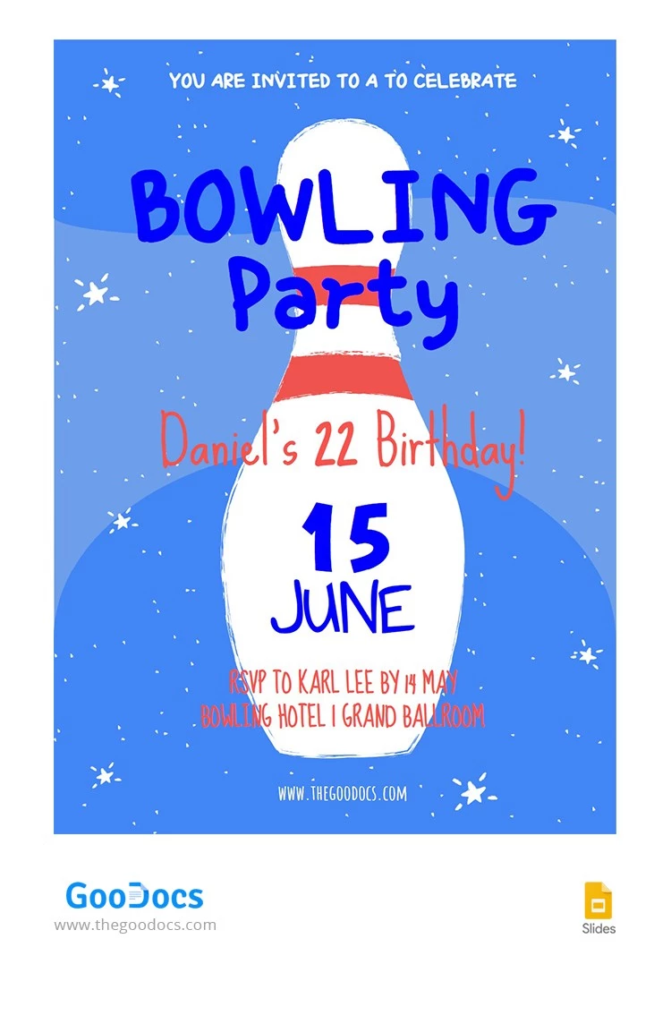 Invito per una festa di compleanno a tema bowling blu - free Google Docs Template - 10065916