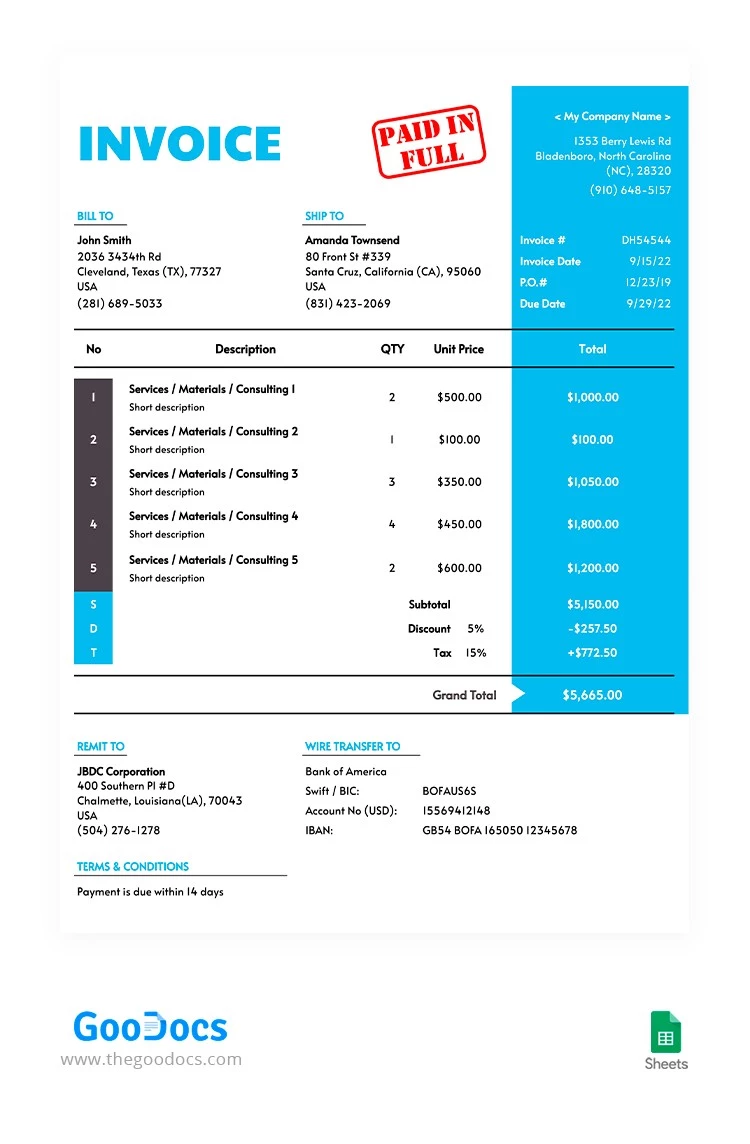 Factura de Negocios Azul - free Google Docs Template - 10064570