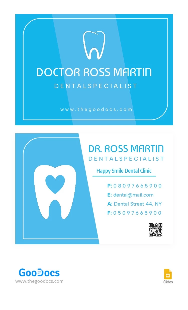 Carta di visita per il settore dentale di colore blu
Carta d'Affari Dentale Blu - free Google Docs Template - 10064699