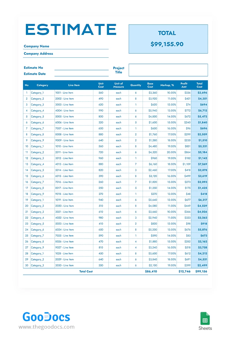 Estimación Azul - free Google Docs Template - 10067075