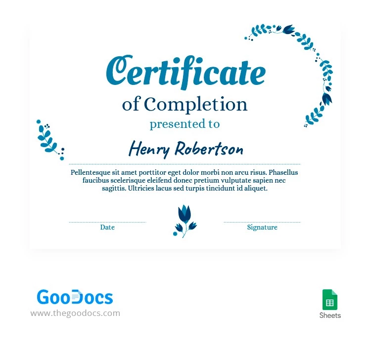 Certificato di premio floreale blu - free Google Docs Template - 10063694