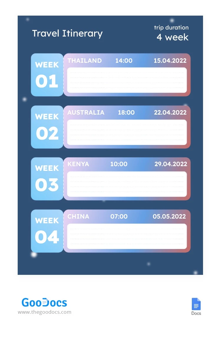 Cuatro semanas de itinerario azul - free Google Docs Template - 10063781