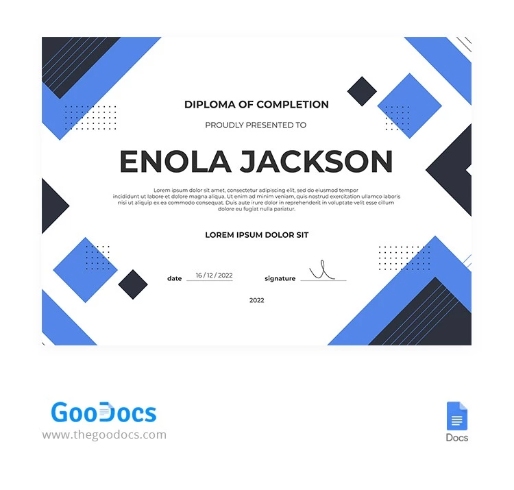 Diploma di Certificazione Geometrica Blu - free Google Docs Template - 10065181