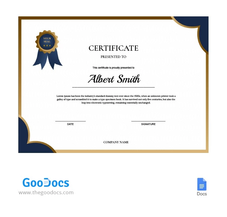 Certificat d'Or Bleu - free Google Docs Template - 10062301