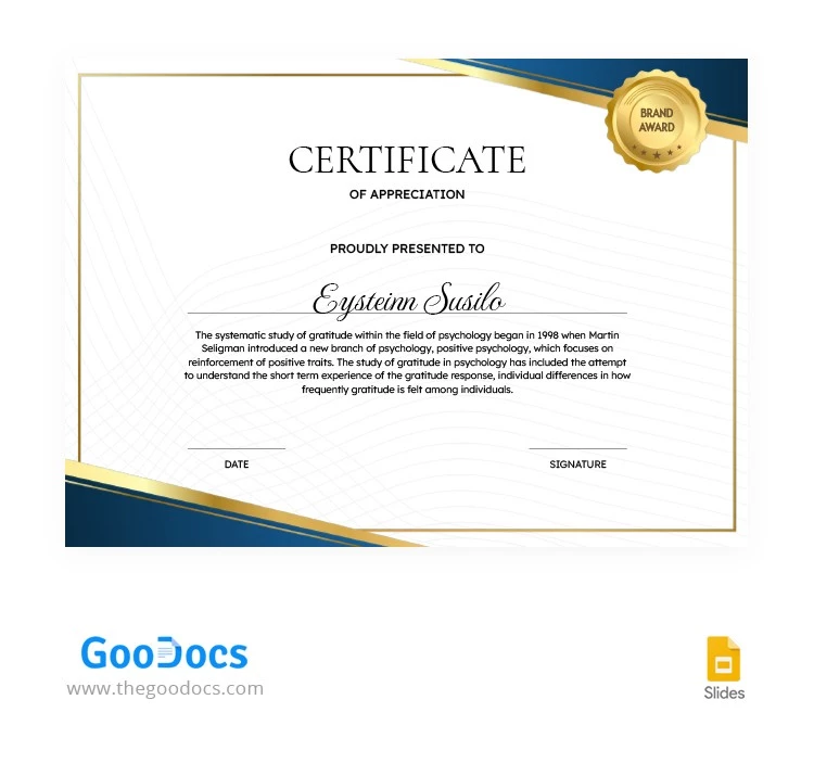 Certificado de Apreciação Azul-Dourado - free Google Docs Template - 10064366