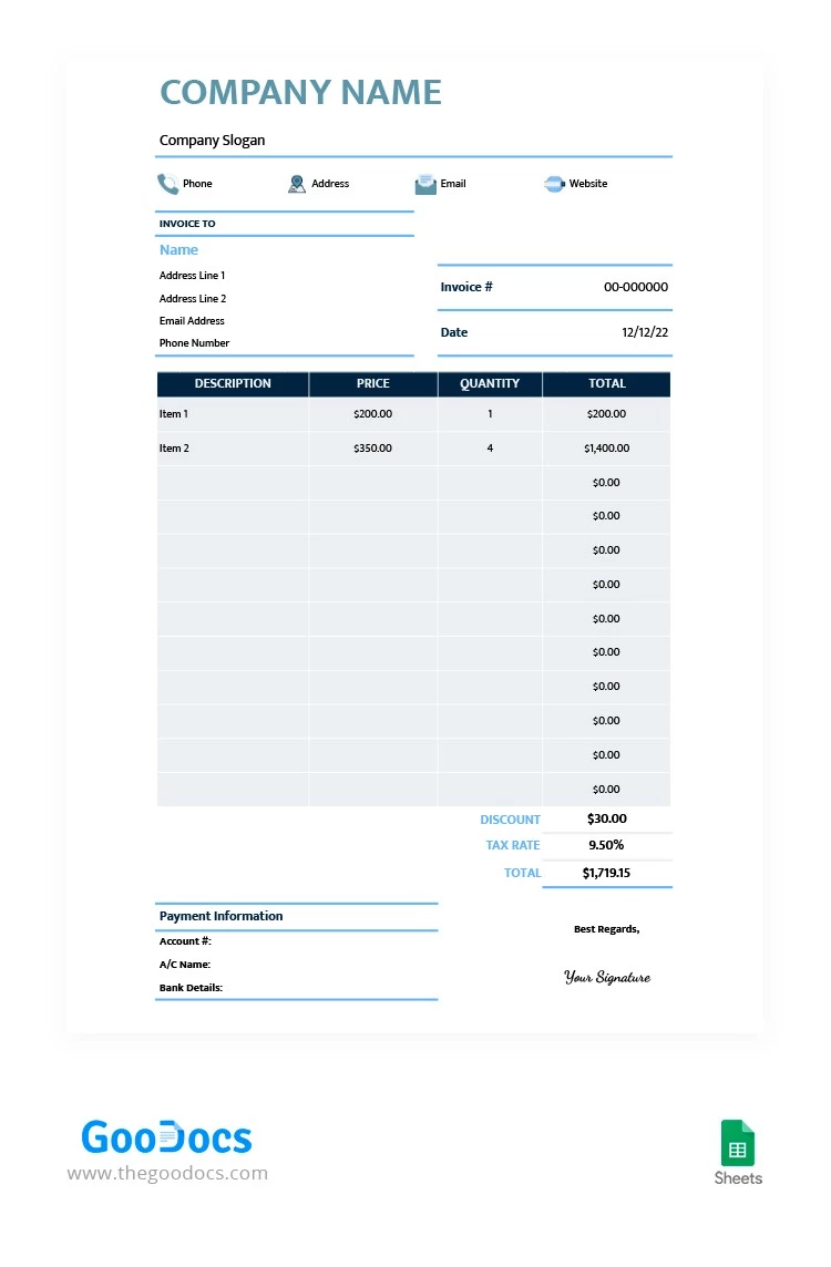 Fatura Formal Azul Cinza. - free Google Docs Template - 10062696