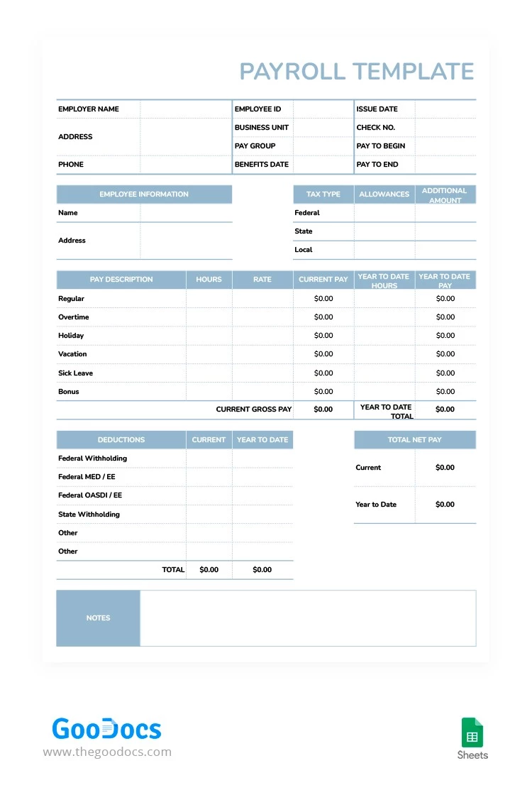 Free Blue Gray Payroll Template In Google Sheets