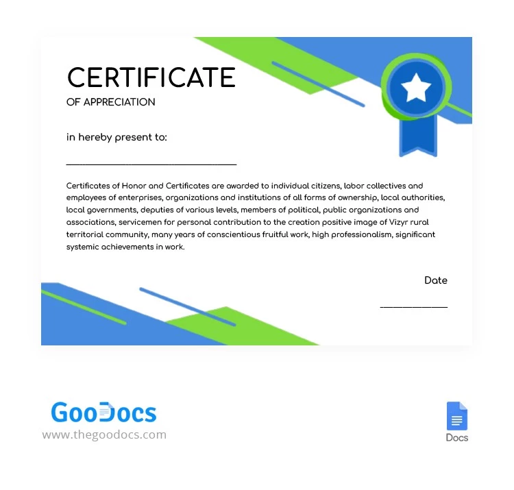 Certificado de Prêmio Azul-Verde - free Google Docs Template - 10063169