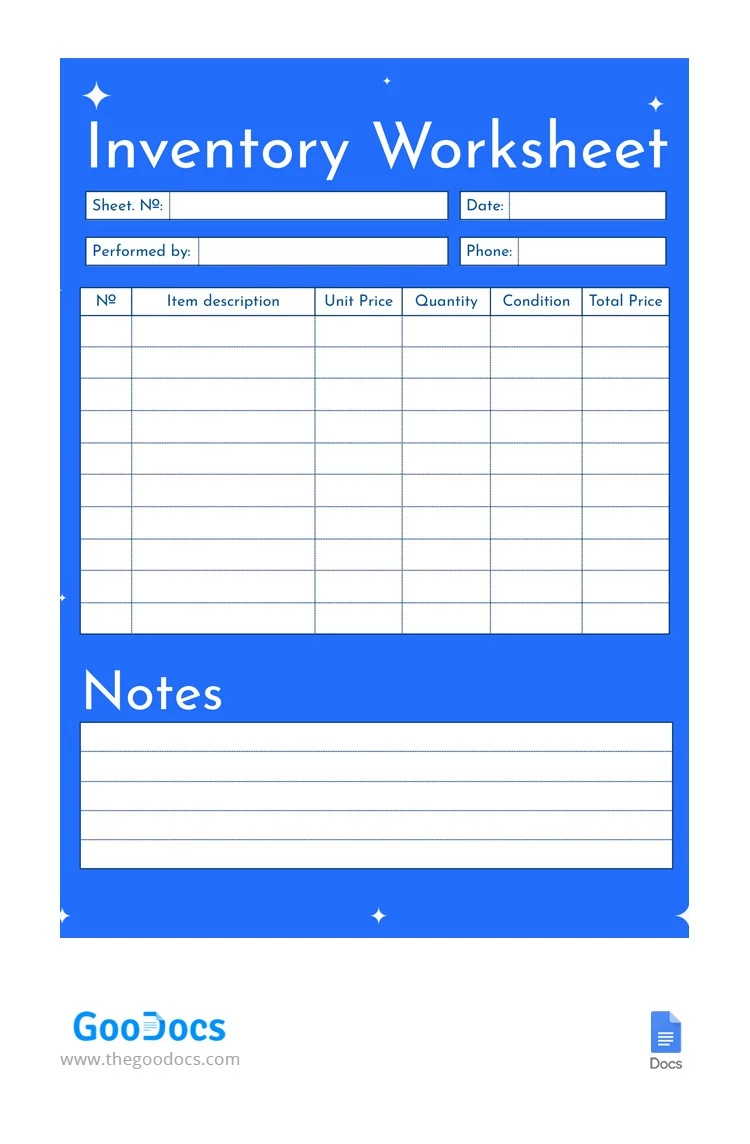 Blue Inventory Worksheet - free Google Docs Template - 10062900