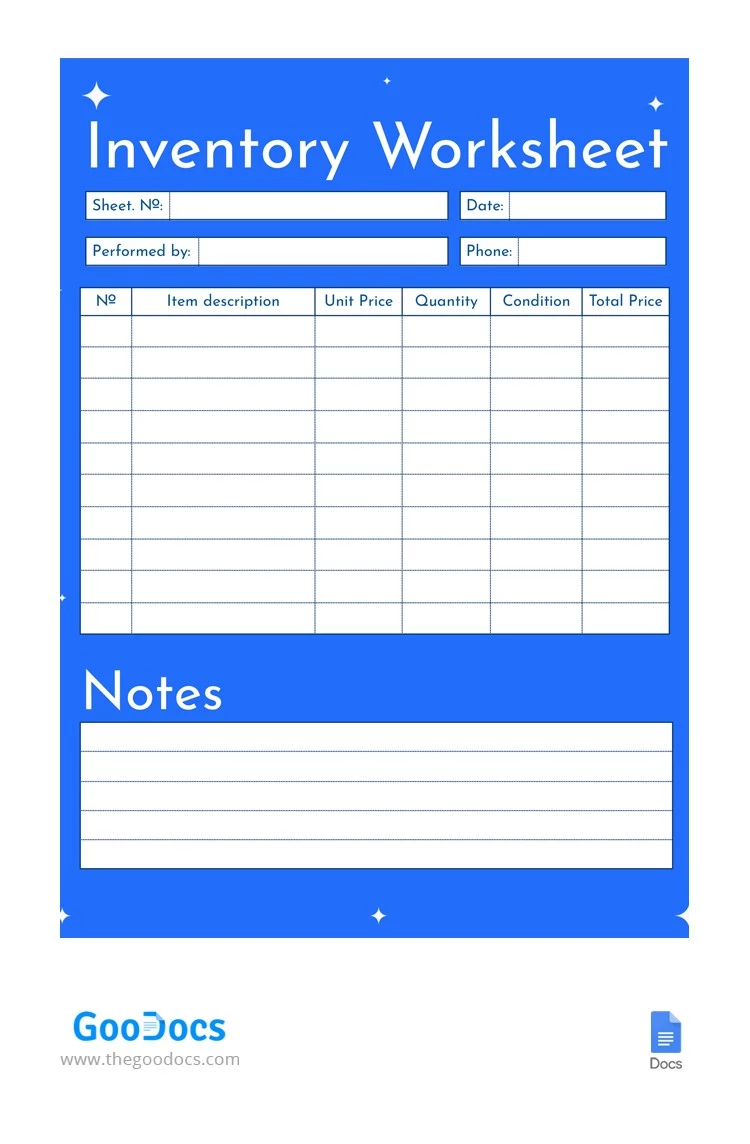 Hoja de inventario azul - free Google Docs Template - 10062900