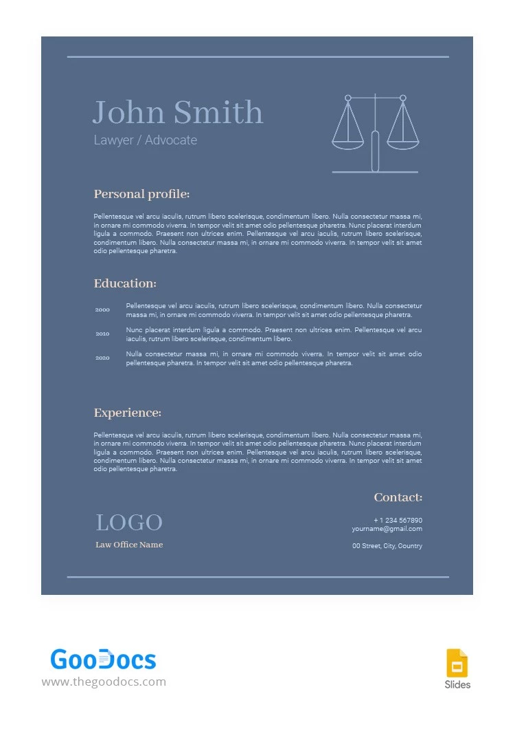 Curriculum vitae sobre un abogado lacónico en azul. - free Google Docs Template - 10065786