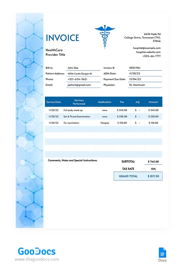 Facture médicale bleue - free Google Docs Template - 10064966